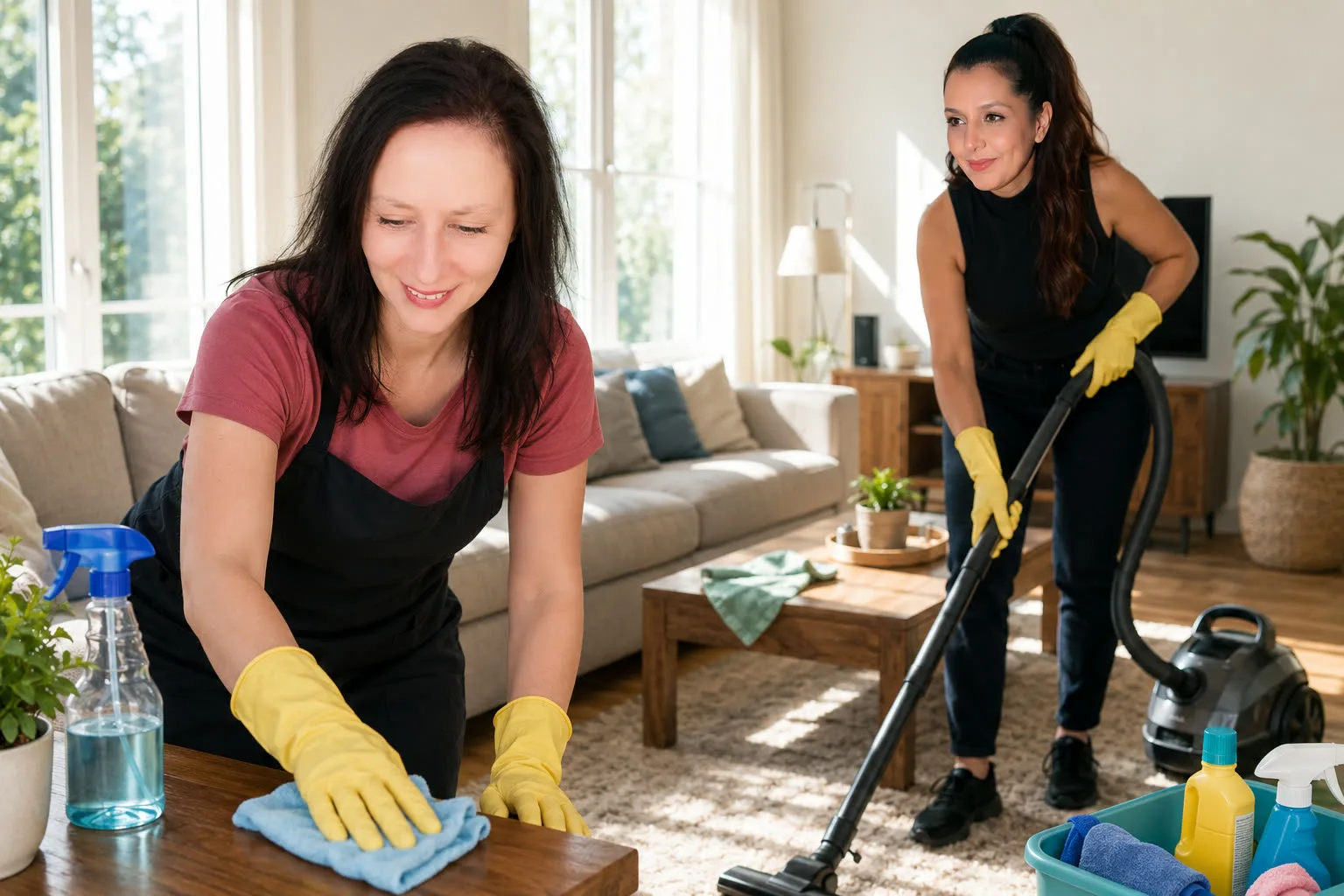 Nelly and Inna cleaning a sunlit living room