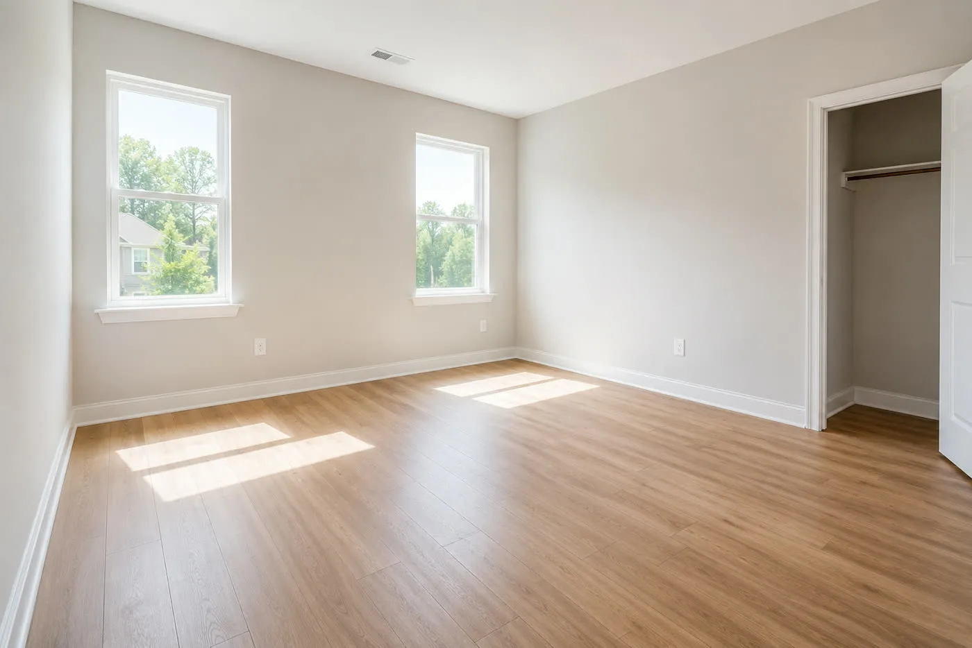 An empty bedroom with bare floors after a move-out clean