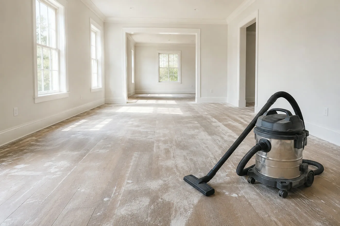 A newly finished room with construction dust and a HEPA vacuum
