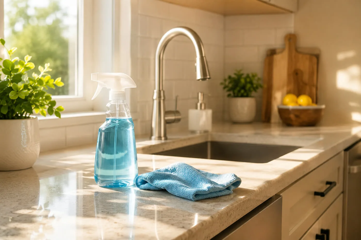 A sunlit kitchen counter wiped clean, with cleaning cloth and spray